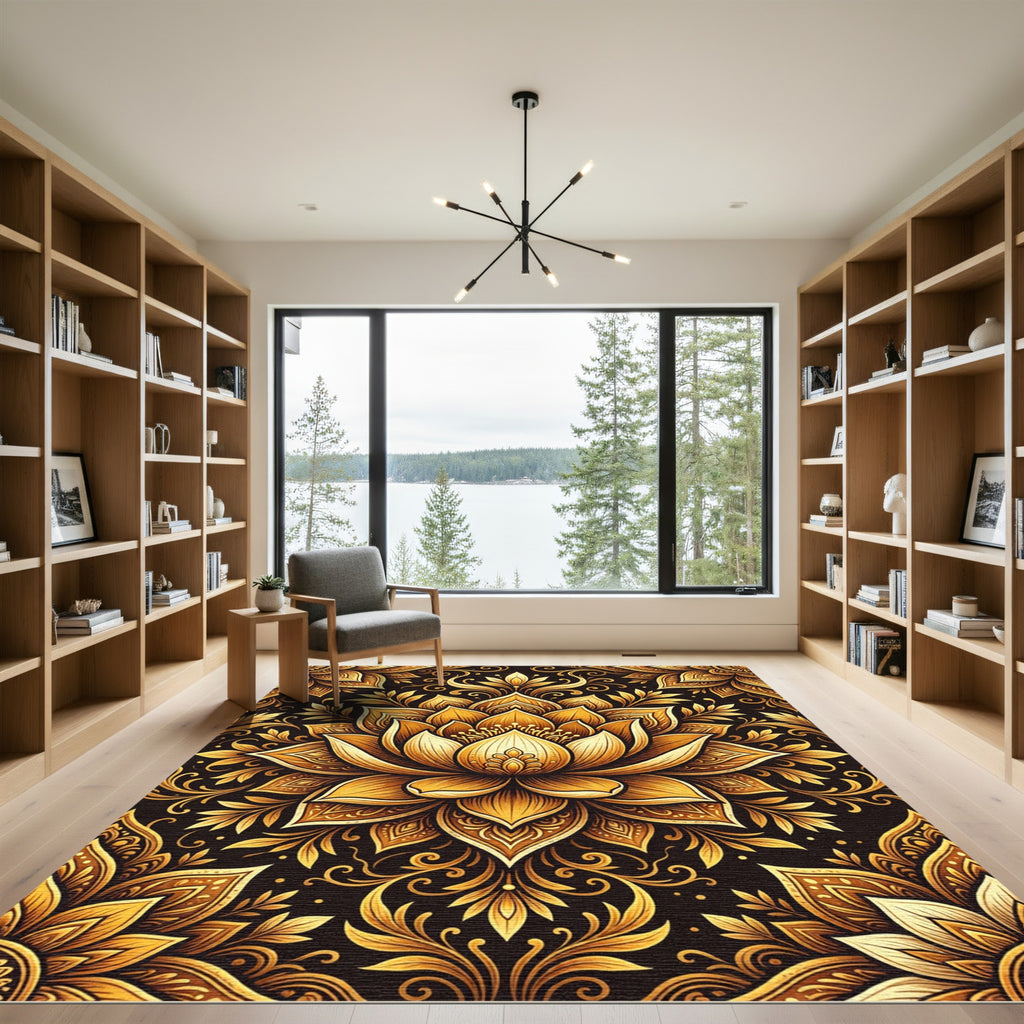 Elegant Golden Lotus Damask Medallion Rug