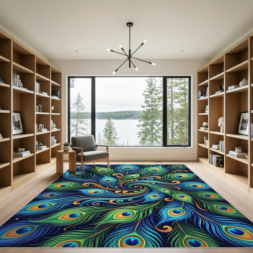 Vibrant Blue Green Peacock Feather Swirl Rug