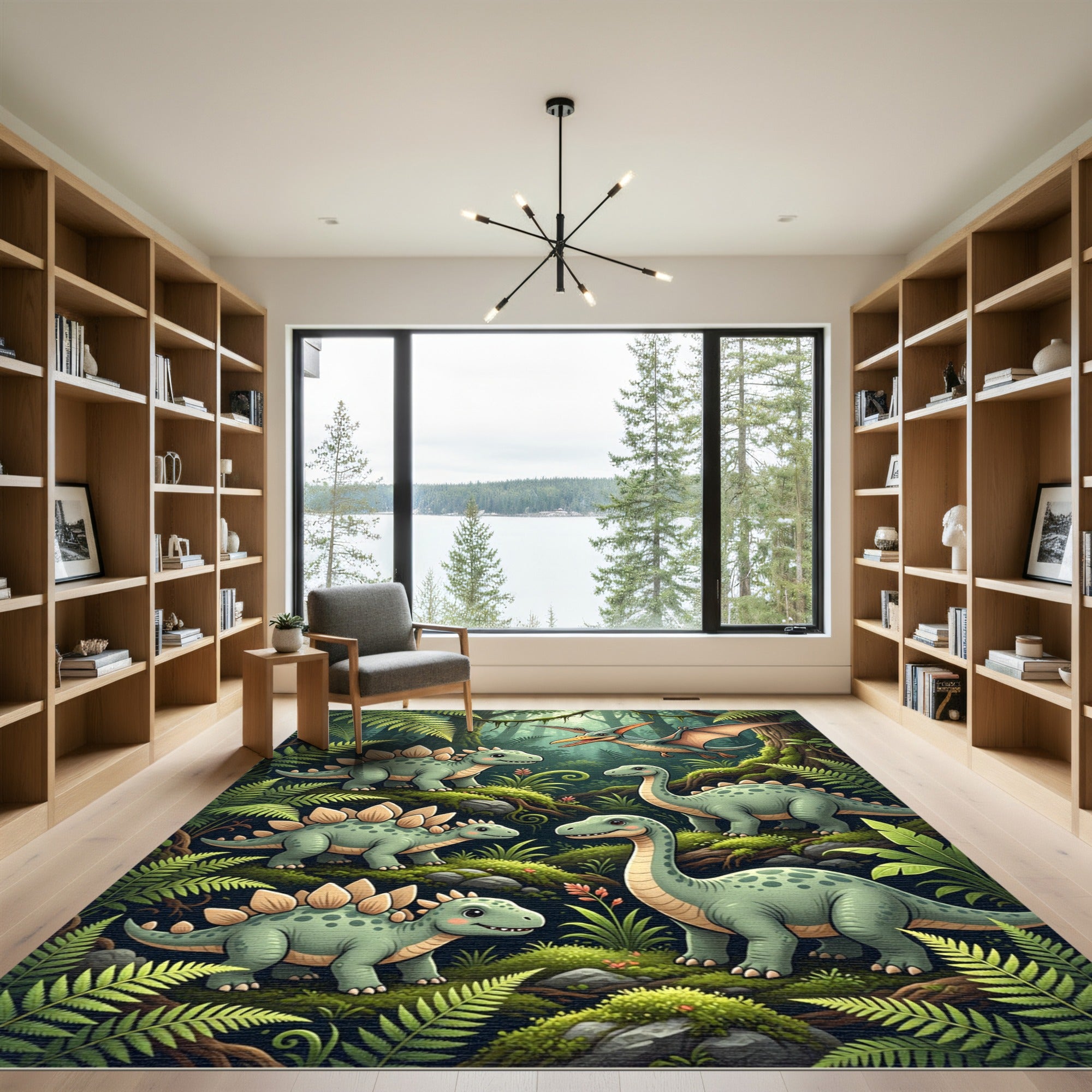 Whimsical Green Prehistoric Dinosaur Forest Rug