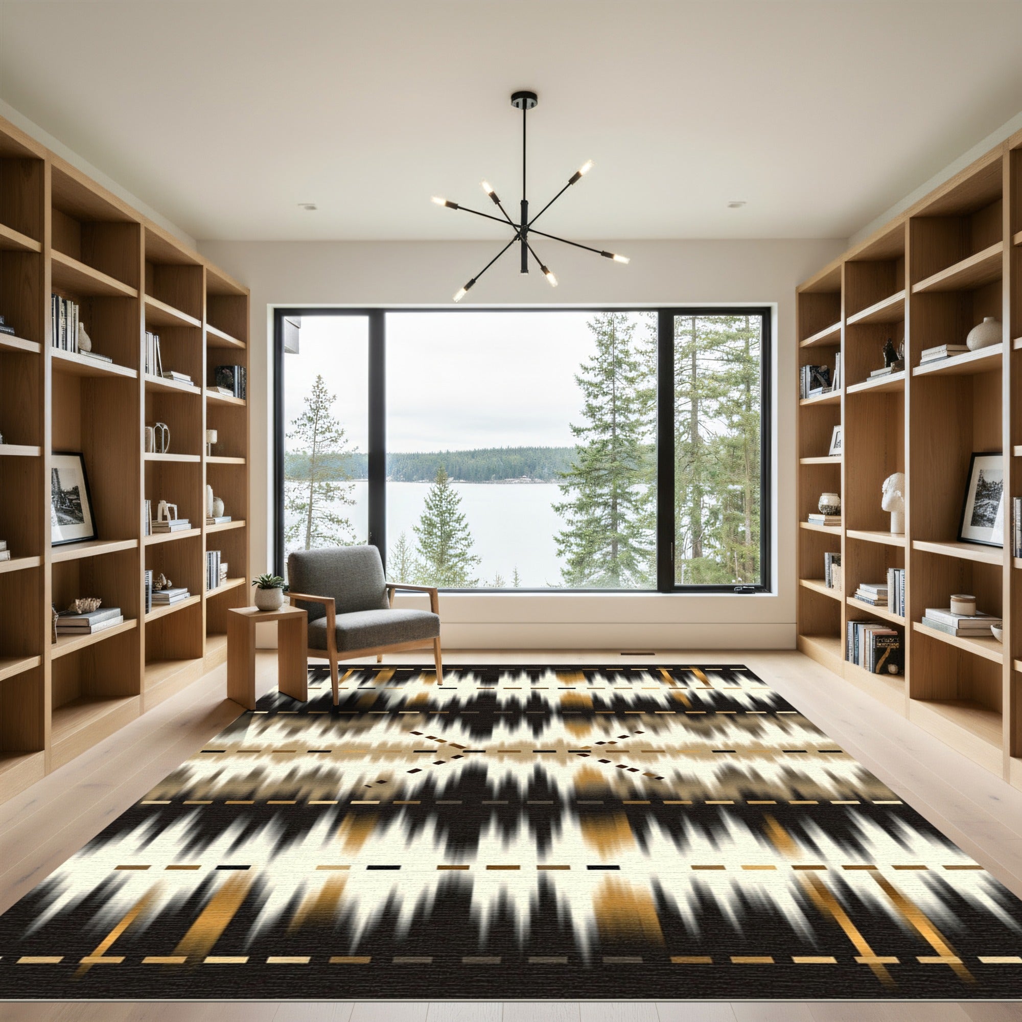 Golden Brown Abstract Ikat Stripes Rug