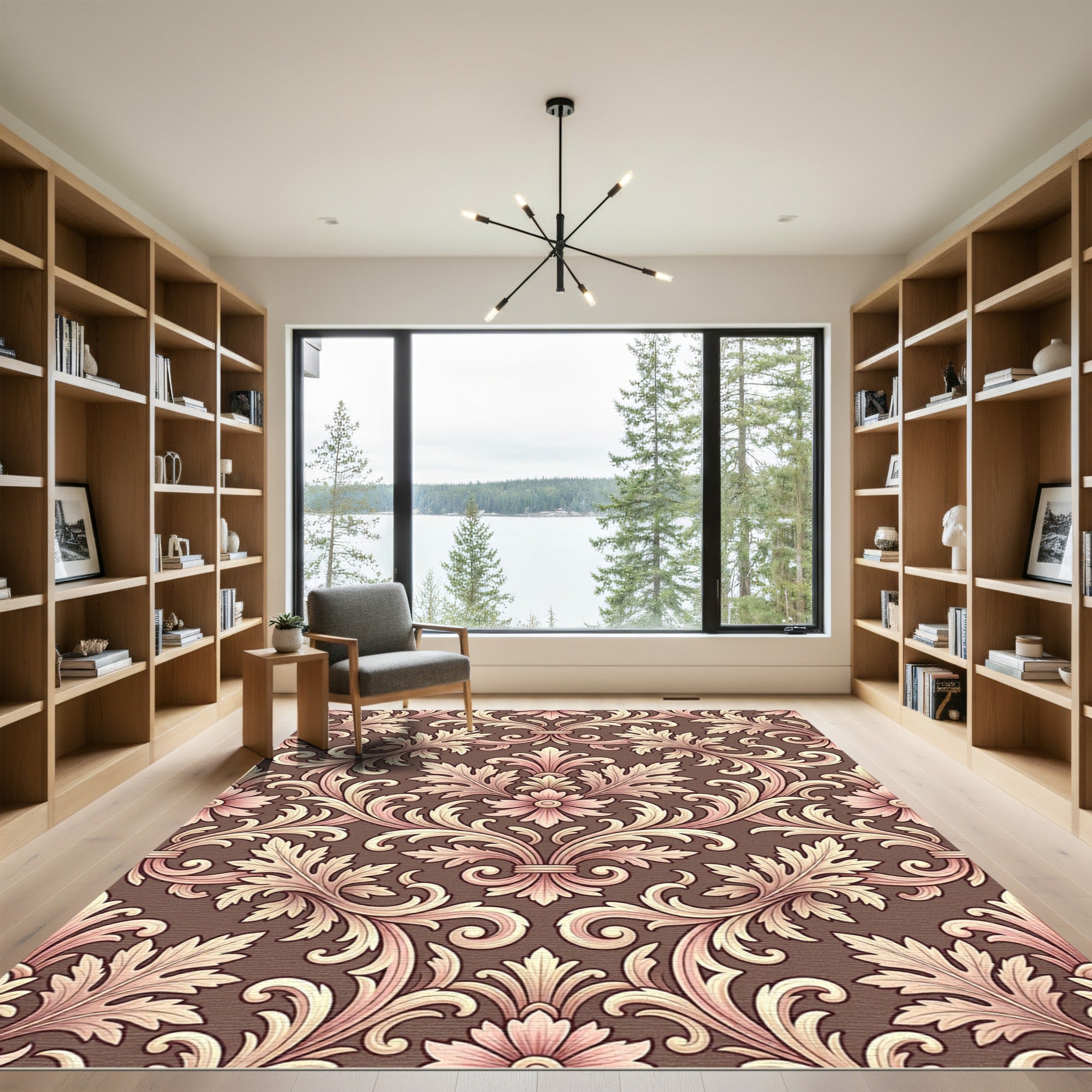 Ornate Brown Pink Acanthus Scroll Rug