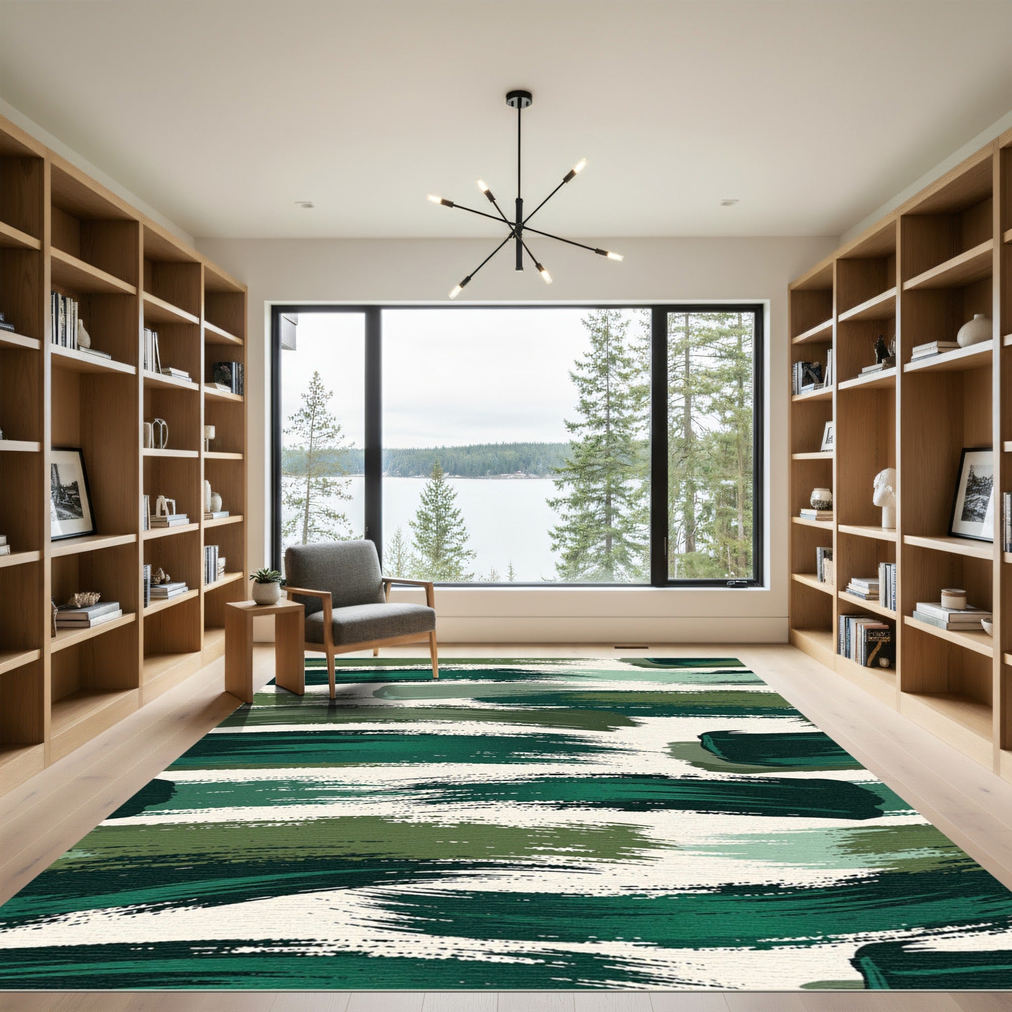 Abstract Forest Green Painted Brushstroke Rug