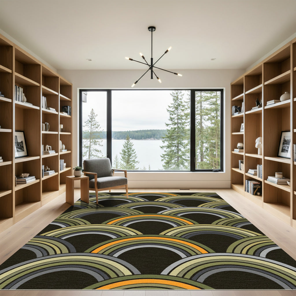 Retro Olive and Golden Arc Medallion Rug