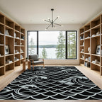 Silver Fish Waves on Black Background Rug