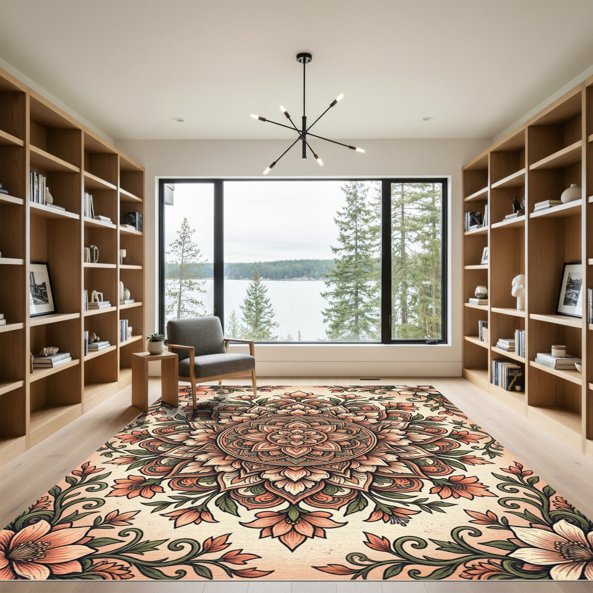 Elegant Peach Floral Medallion Illustration Rug