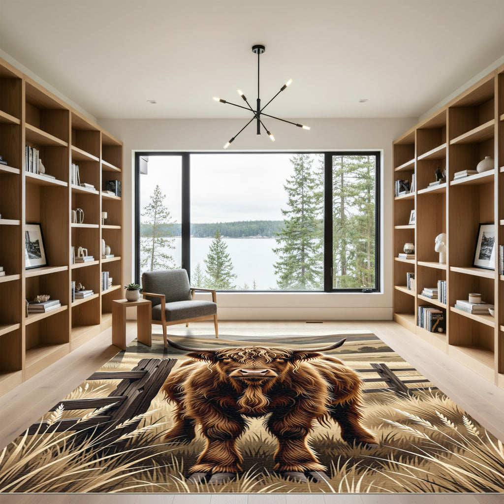 Highland Cattle Farm Meadow Landscape Rug