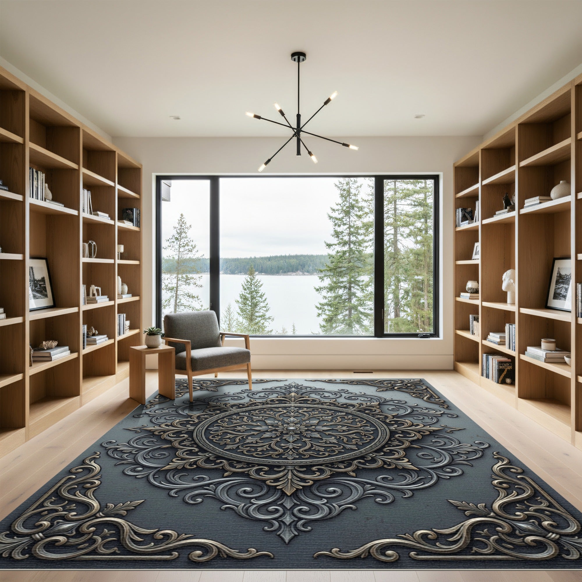 Sophisticated Gray and Gold Ornate Medallion Rug