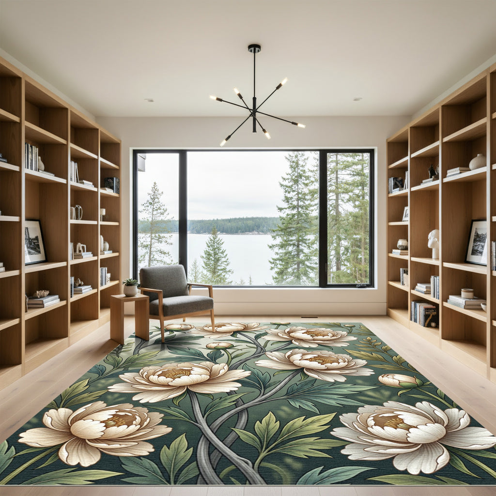 Elegant Cream Peony Botanical Garden Rug