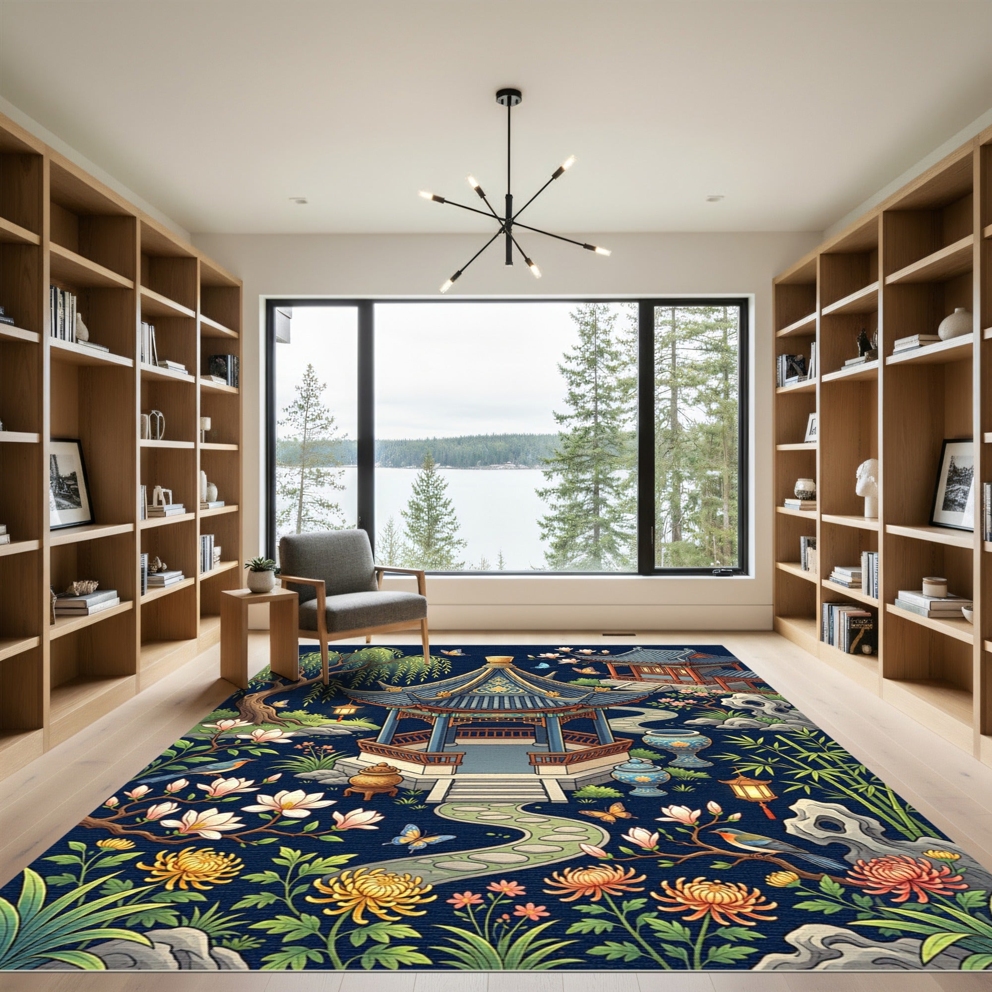 Elegant Pavilion Garden Midnight Botanical Art Rug