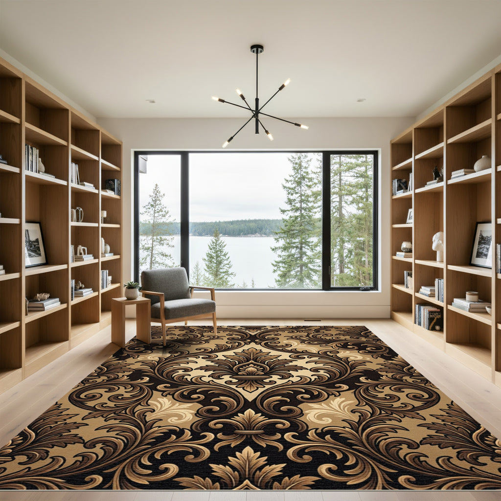 Ornate Brown Golden Damask Swirls Rug