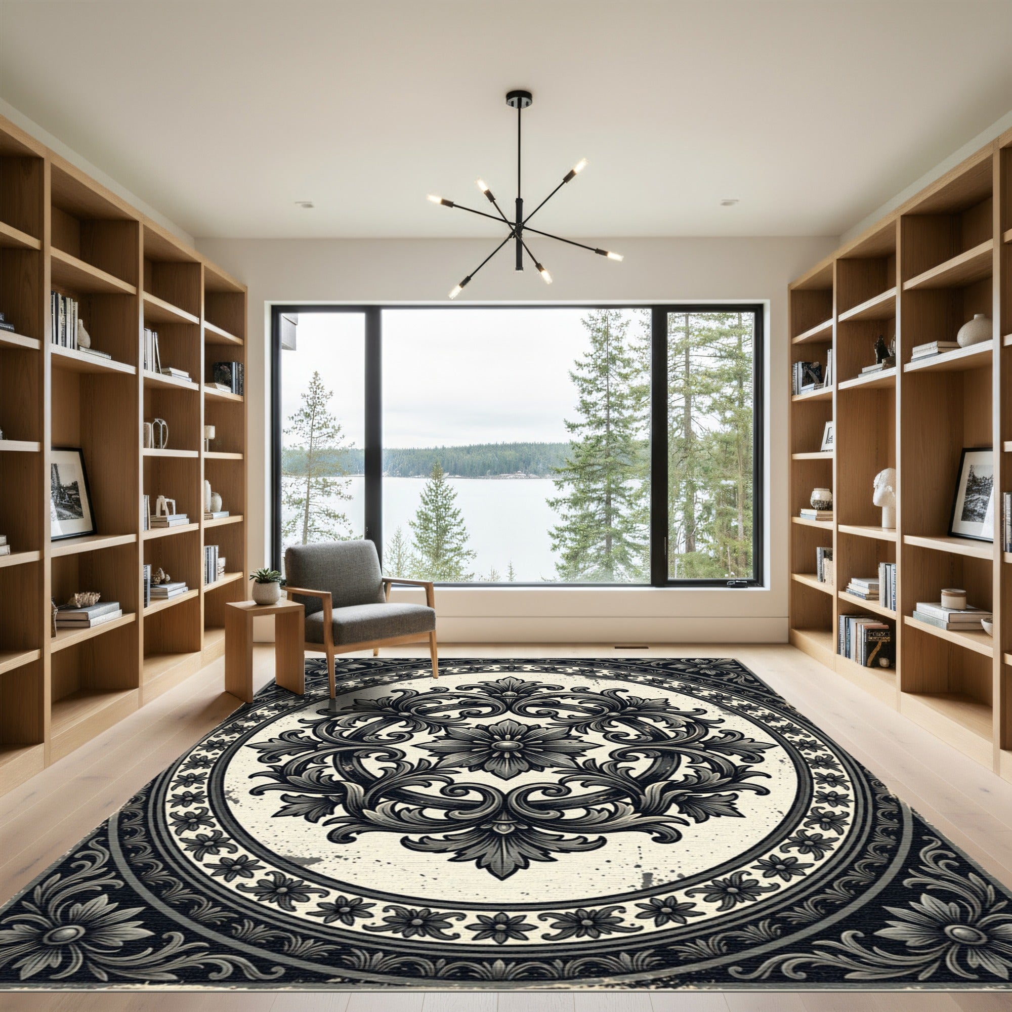 Ornate Damask Charcoal Floral Medallion Rug