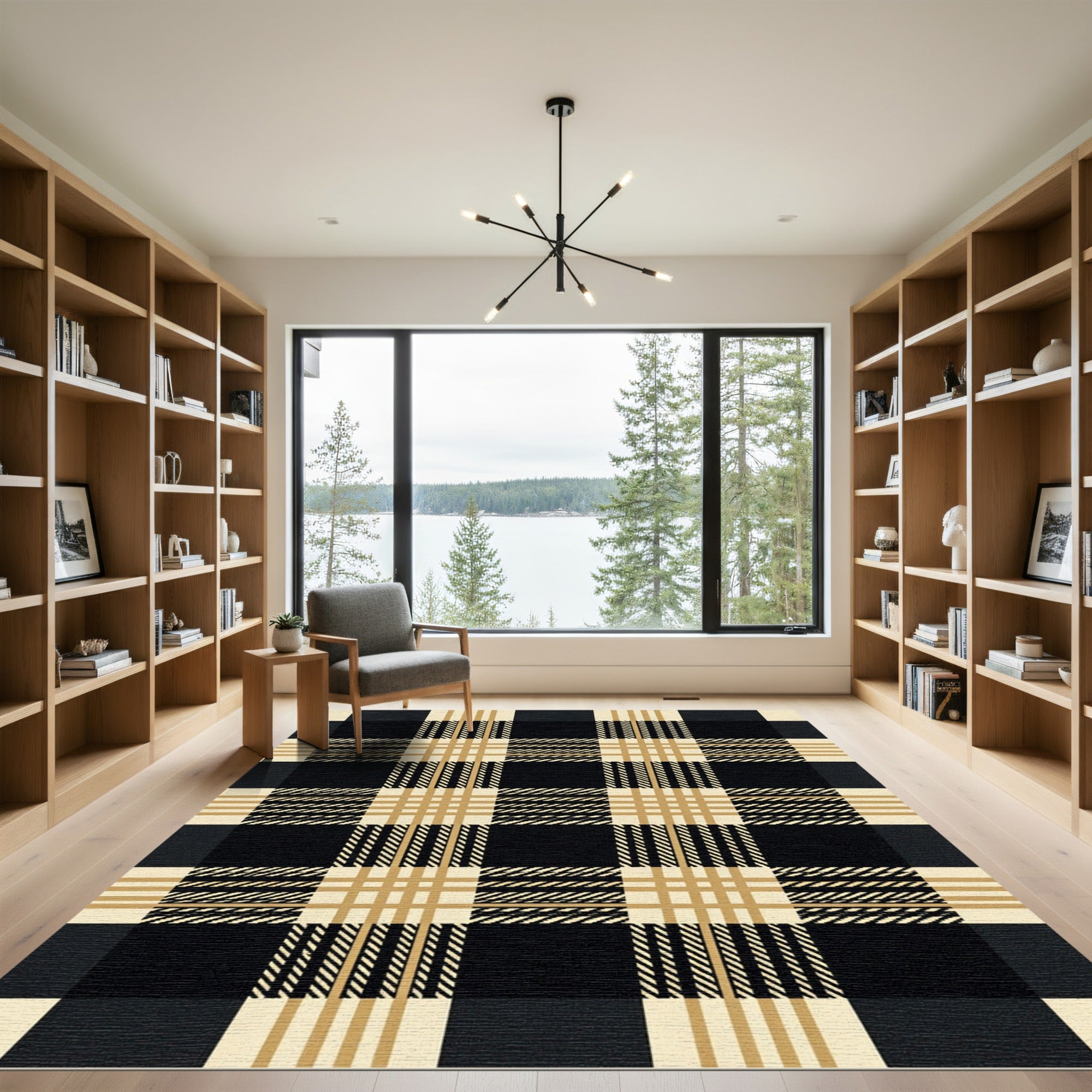 Black Cream plaid Grid Rug