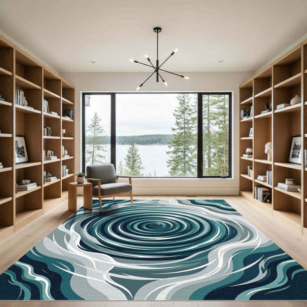 Deep Teal Swirl Abstract Flow Rug