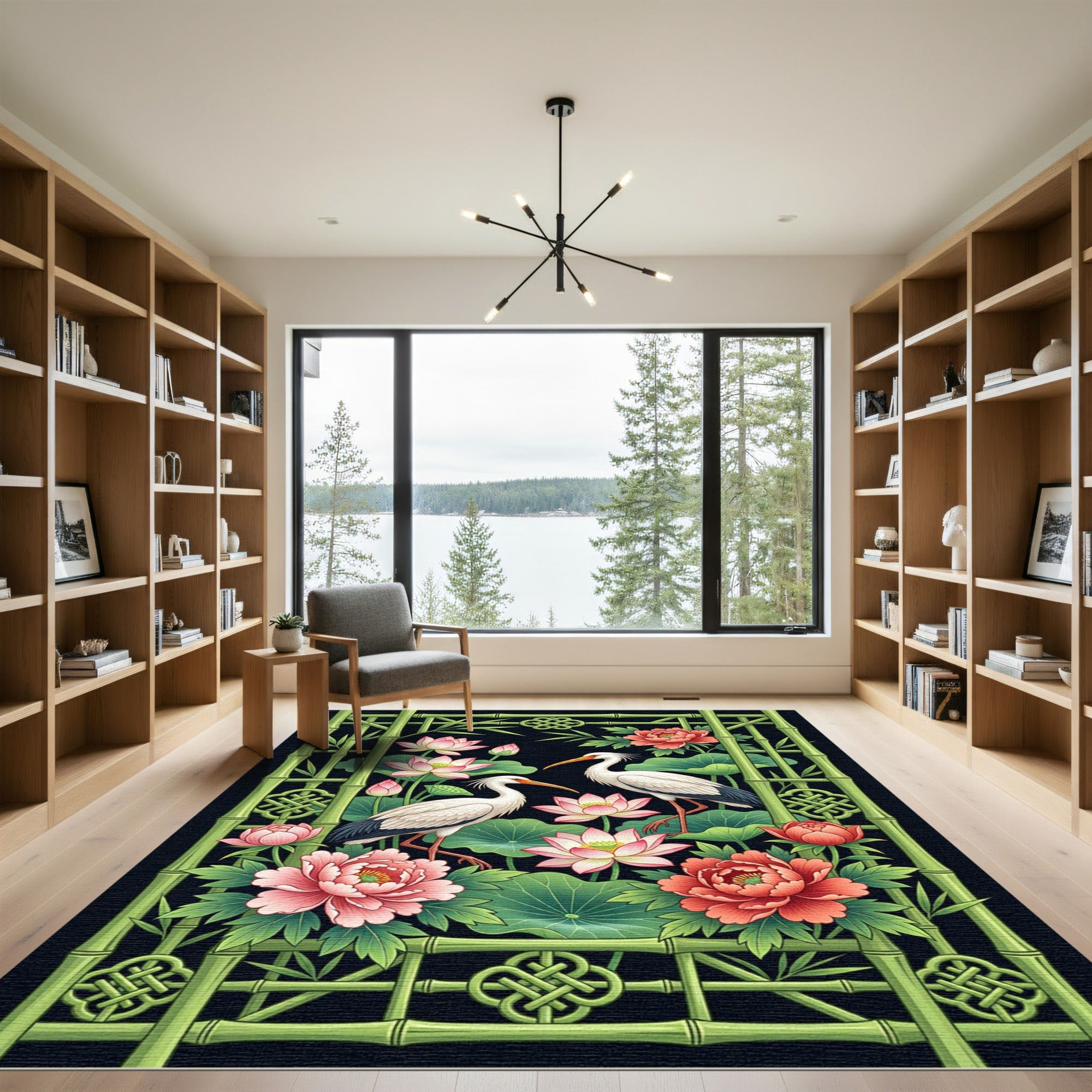 Crane Lotus Peony Bamboo Zen Art Rug