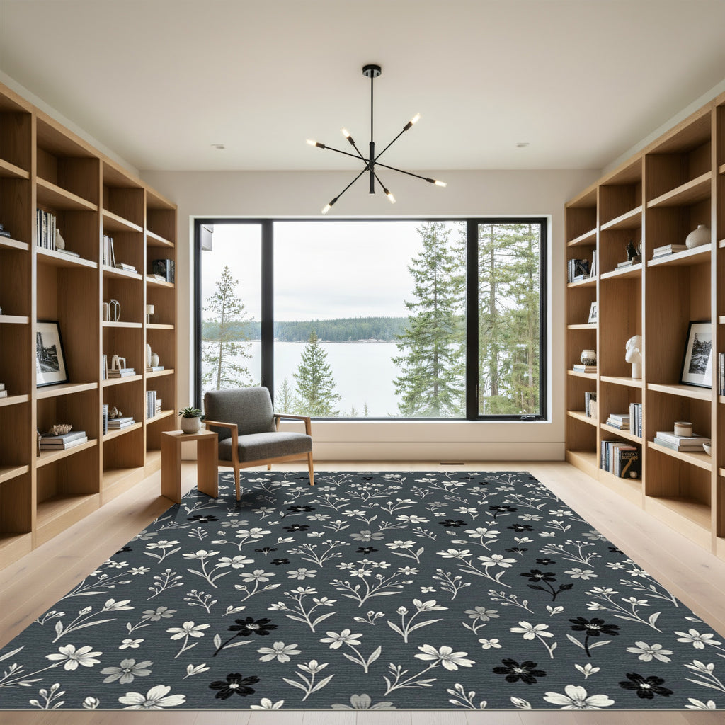 Dark Gray White Floral Sprigs Rug