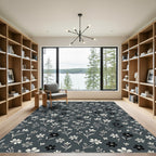 Dark Gray White Floral Sprigs Rug
