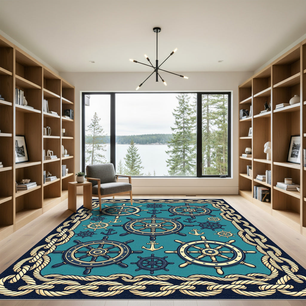 Nautical Ship Wheels Anchors Coastal Tapestry Rug