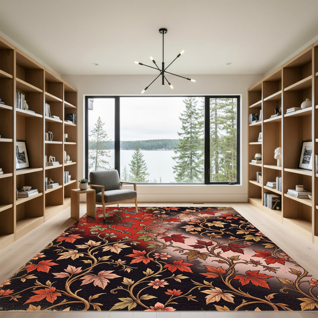 Crimson Autumn Maple Vine Scroll Rug