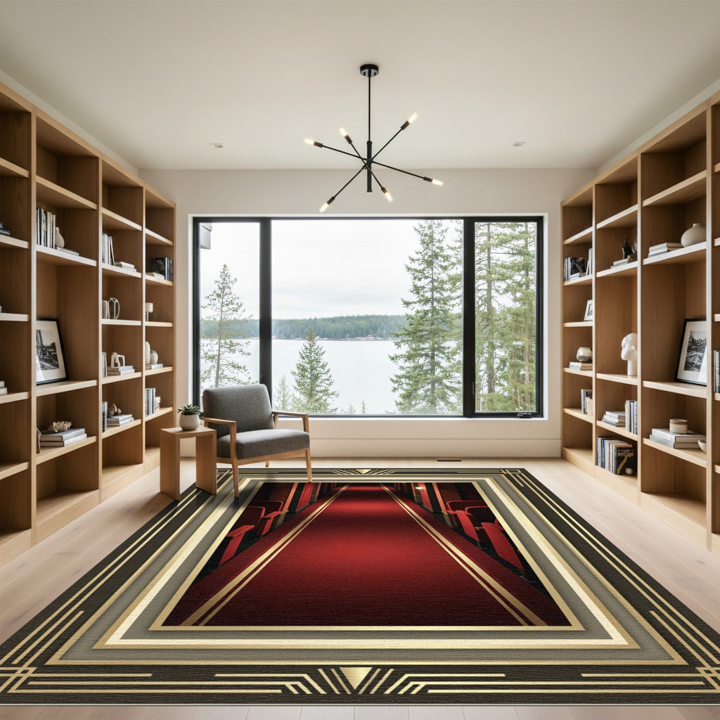 Art Deco Crimson Hallway Bordered Rug