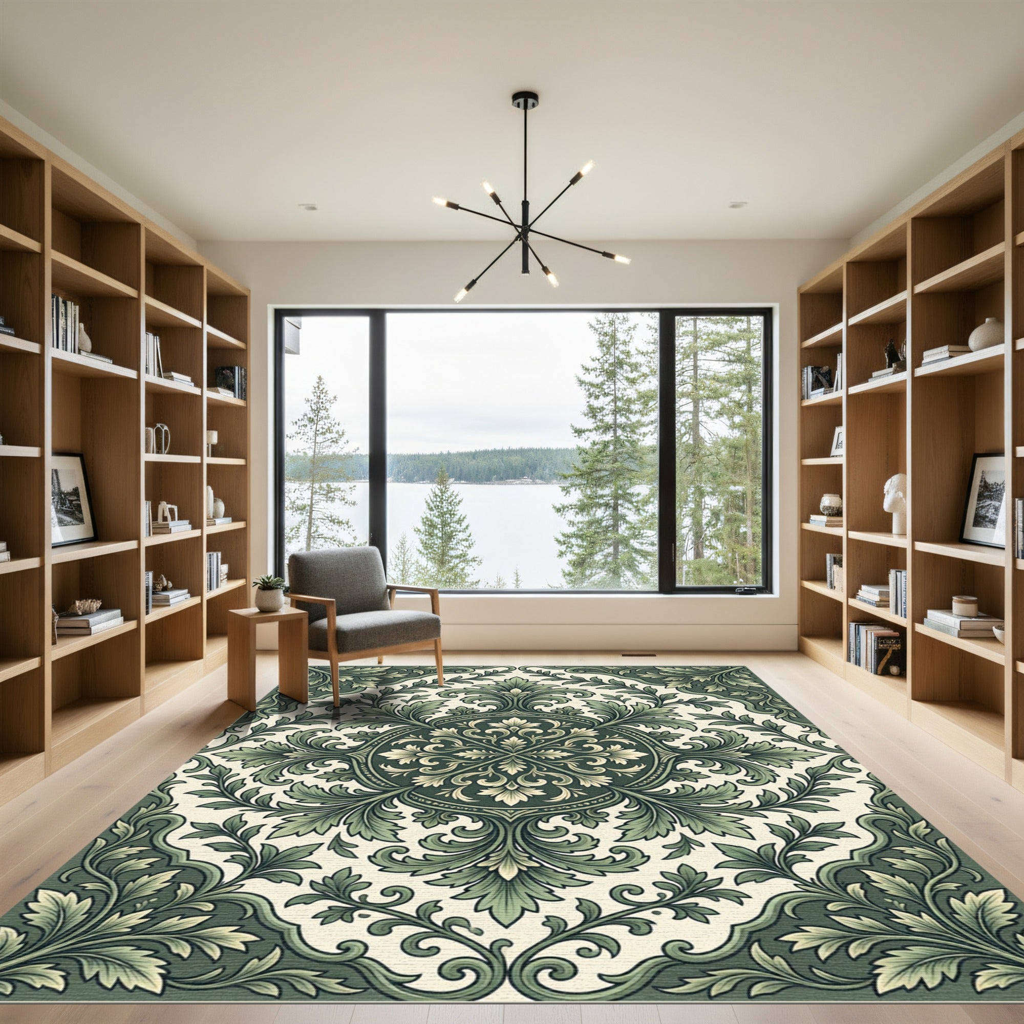 Elegant Sage Green Acanthus Medallion Rug