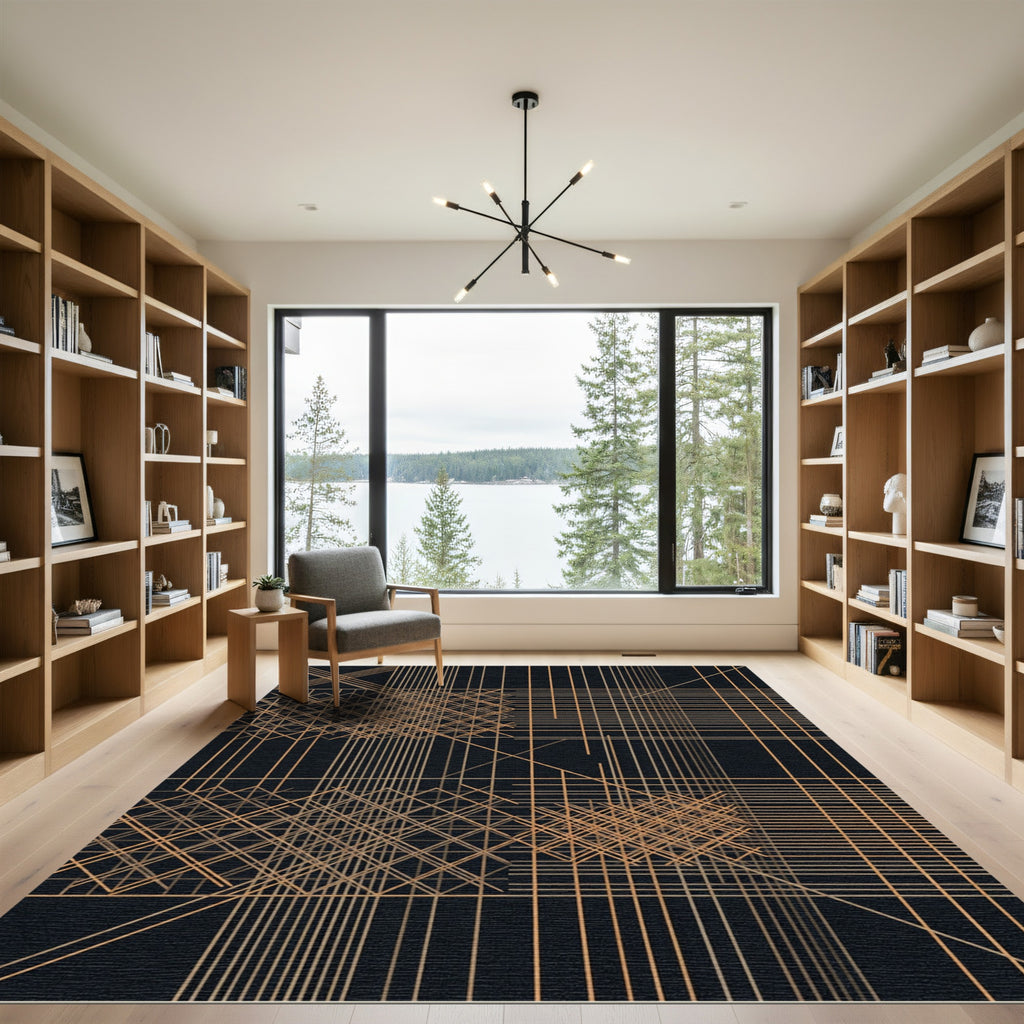 Geometric Gold Line Grid Abstract Rug