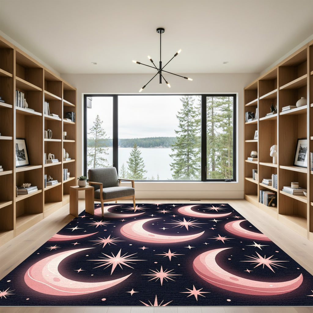 Pink Crescent Moon Starry Night Rug