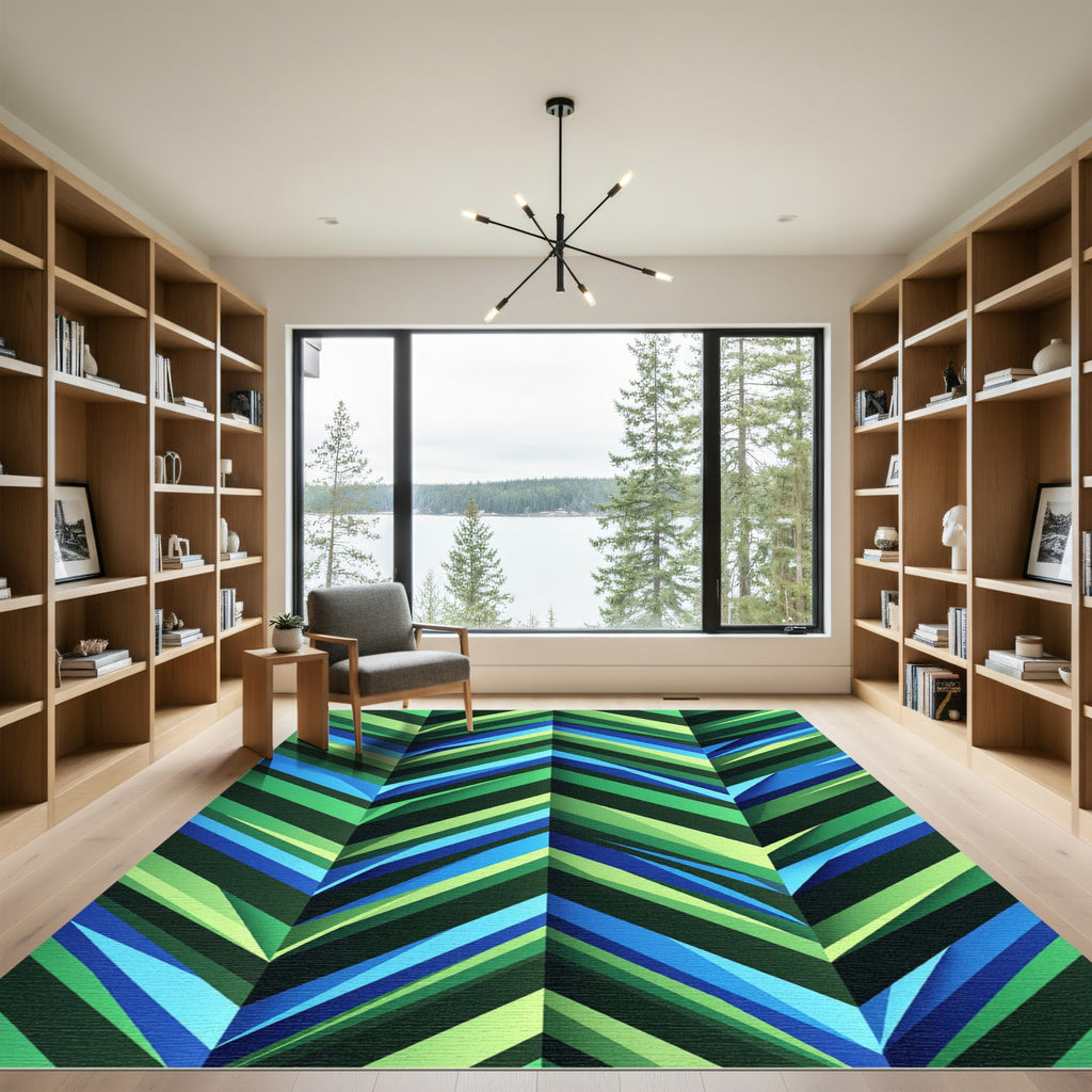 Vibrant Green Blue Chevron Geometric Layer Rug