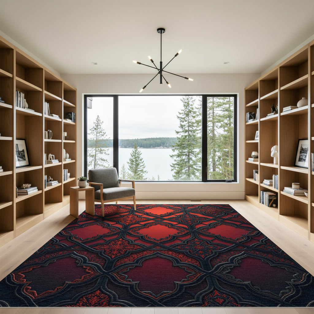Elegant Crimson Ironwork Quatrefoil Medallion Rug