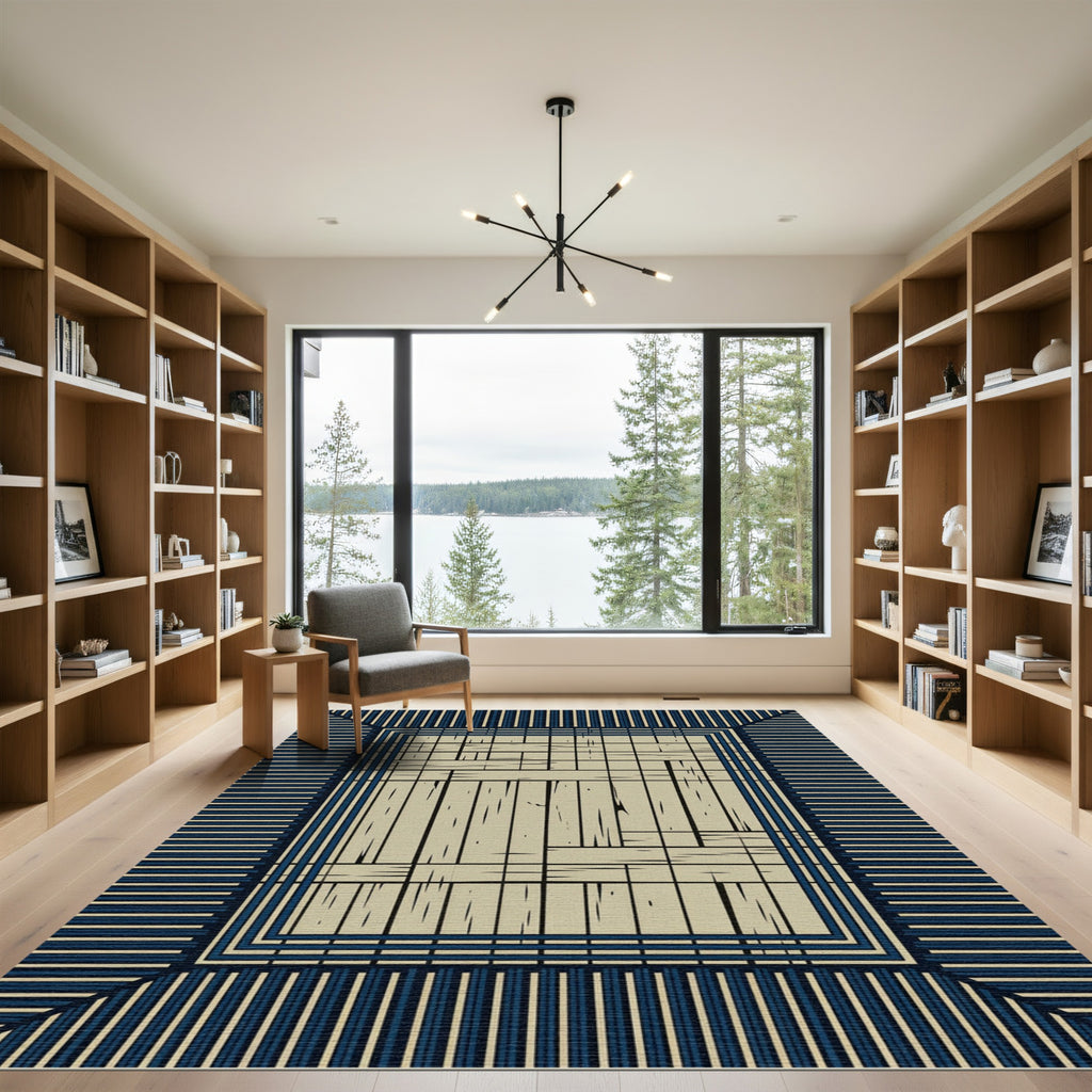 Japanese Wood Texture Navy Striped Border Rug