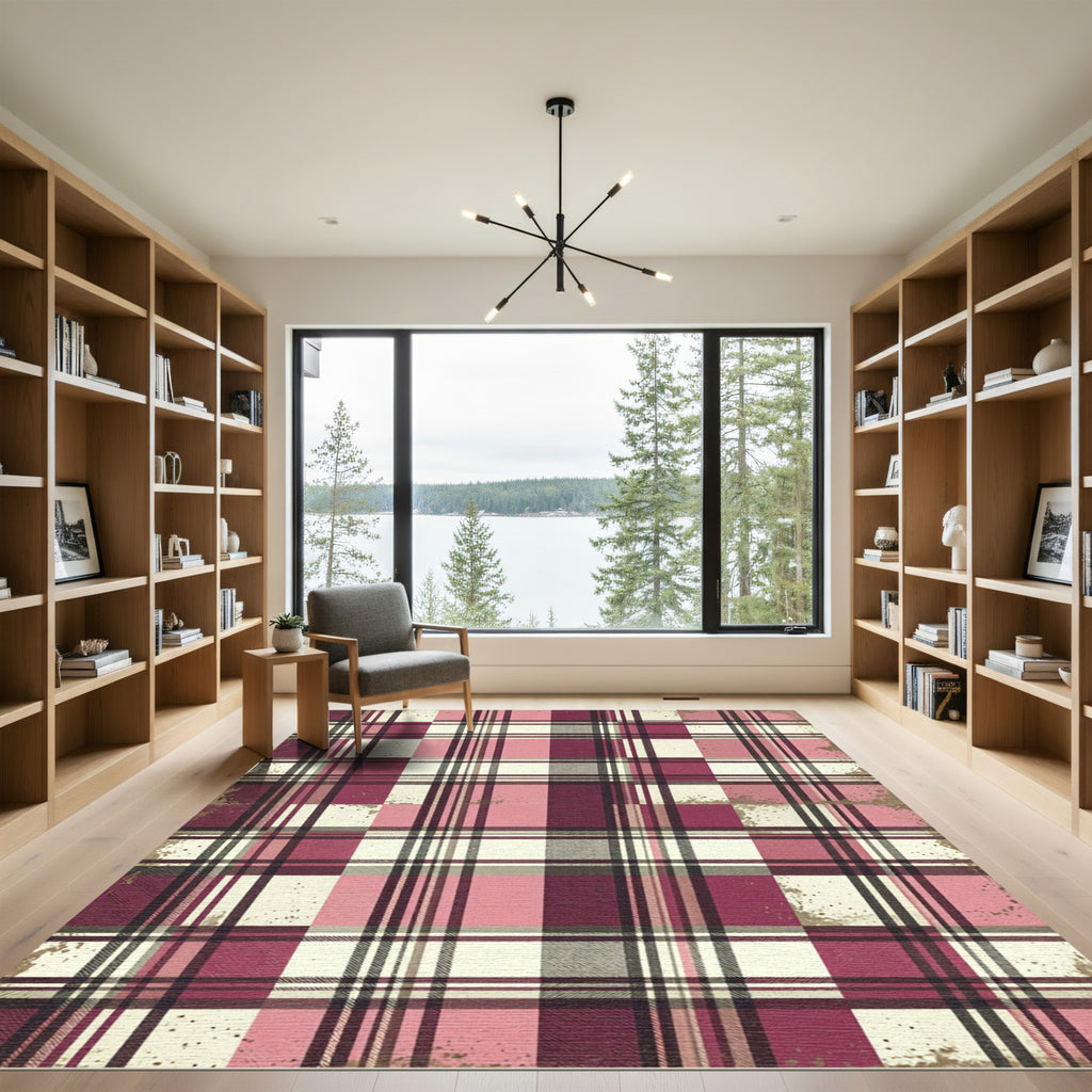 Distressed Pink and Burgundy Plaid Check Rug