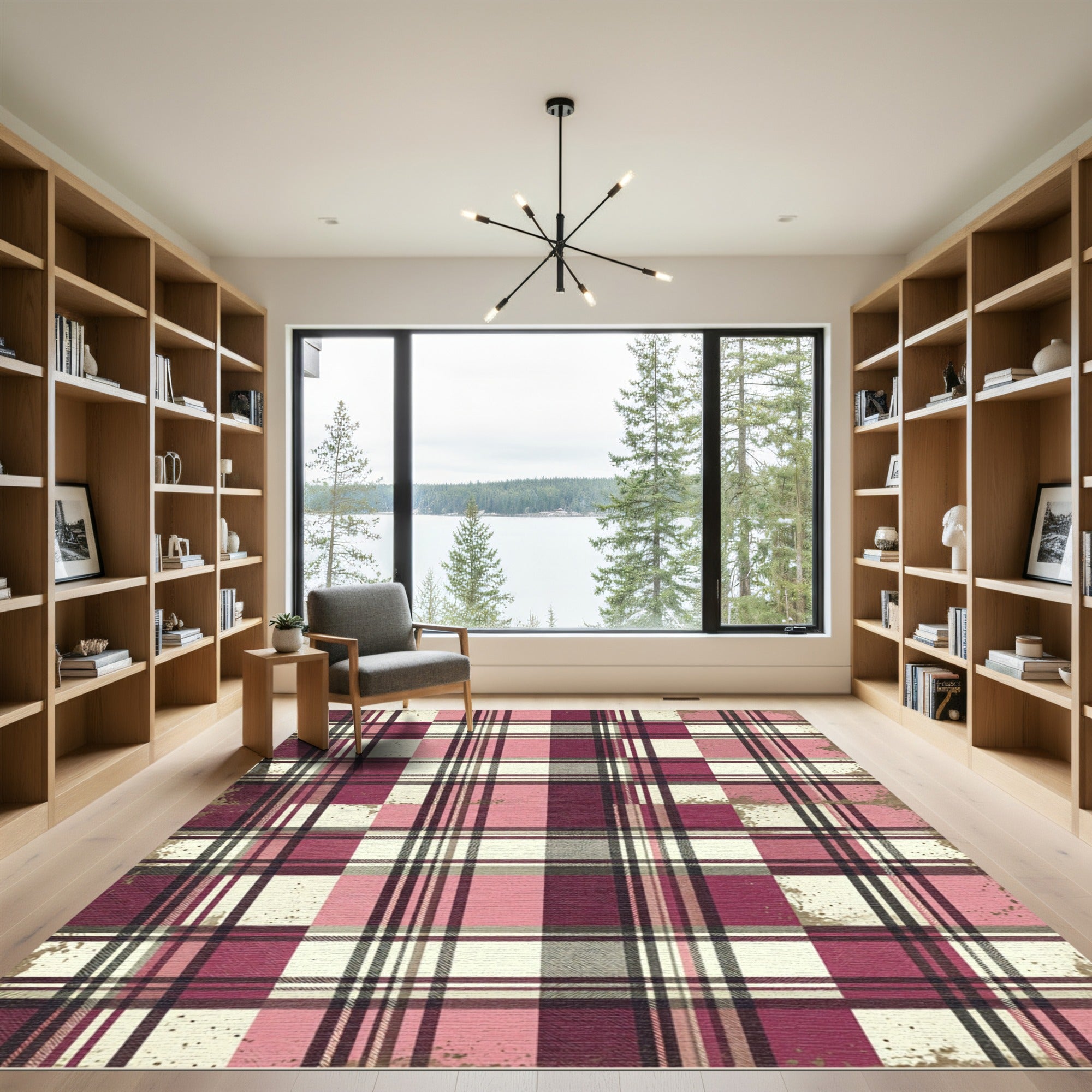 Distressed Pink and Burgundy Plaid Check Rug