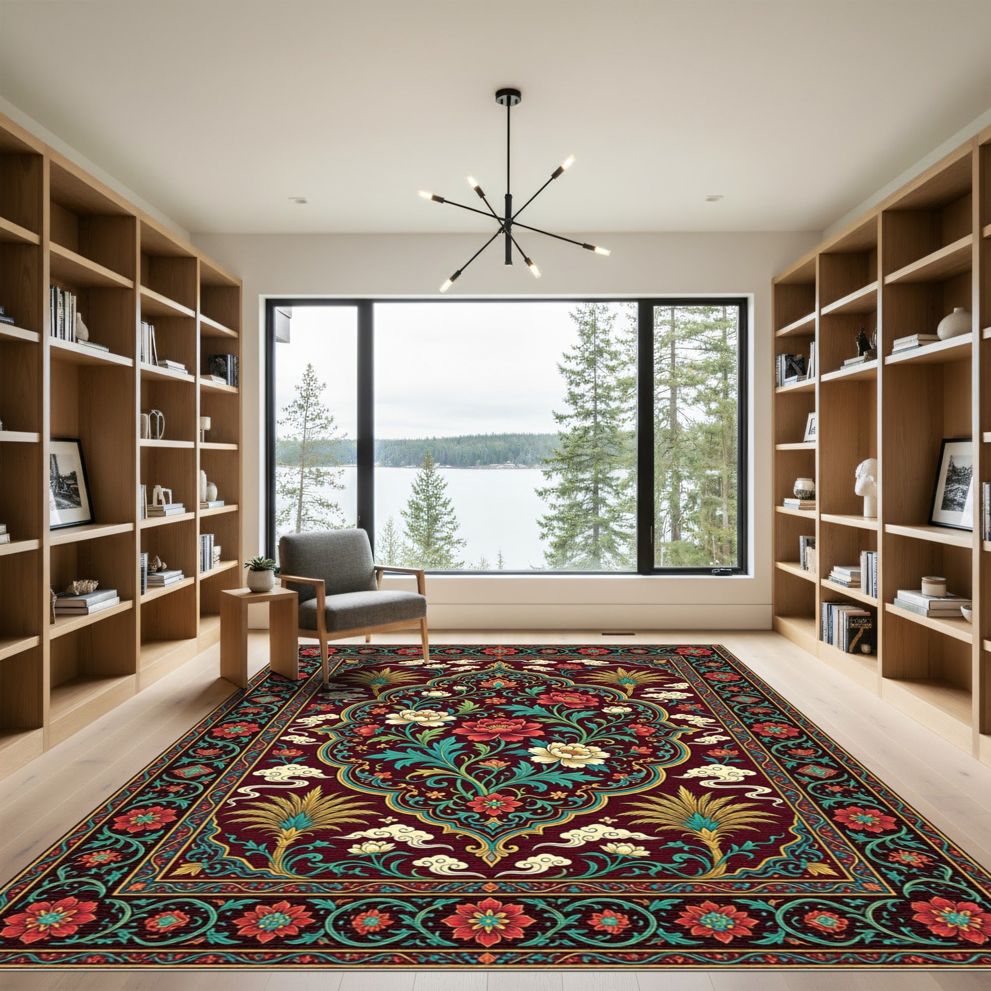 Deep Red Floral Medallion Art Rug