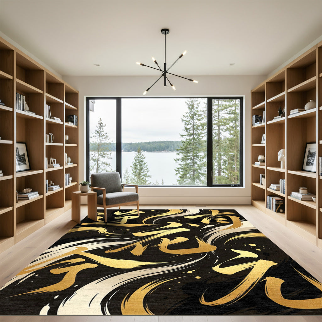 Golden Calligraphy Abstract Brush Stroke Rug