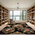 Victorian Golden Frame Floral Rose Bouquet Rug