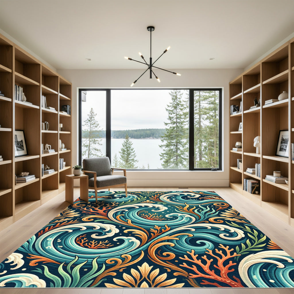 Ocean Wave Coral Floral Art Nouveau Rug