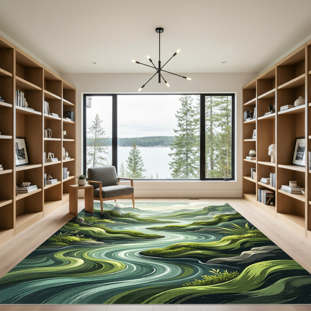 Serene Verdant Mountain River Landscape Rug