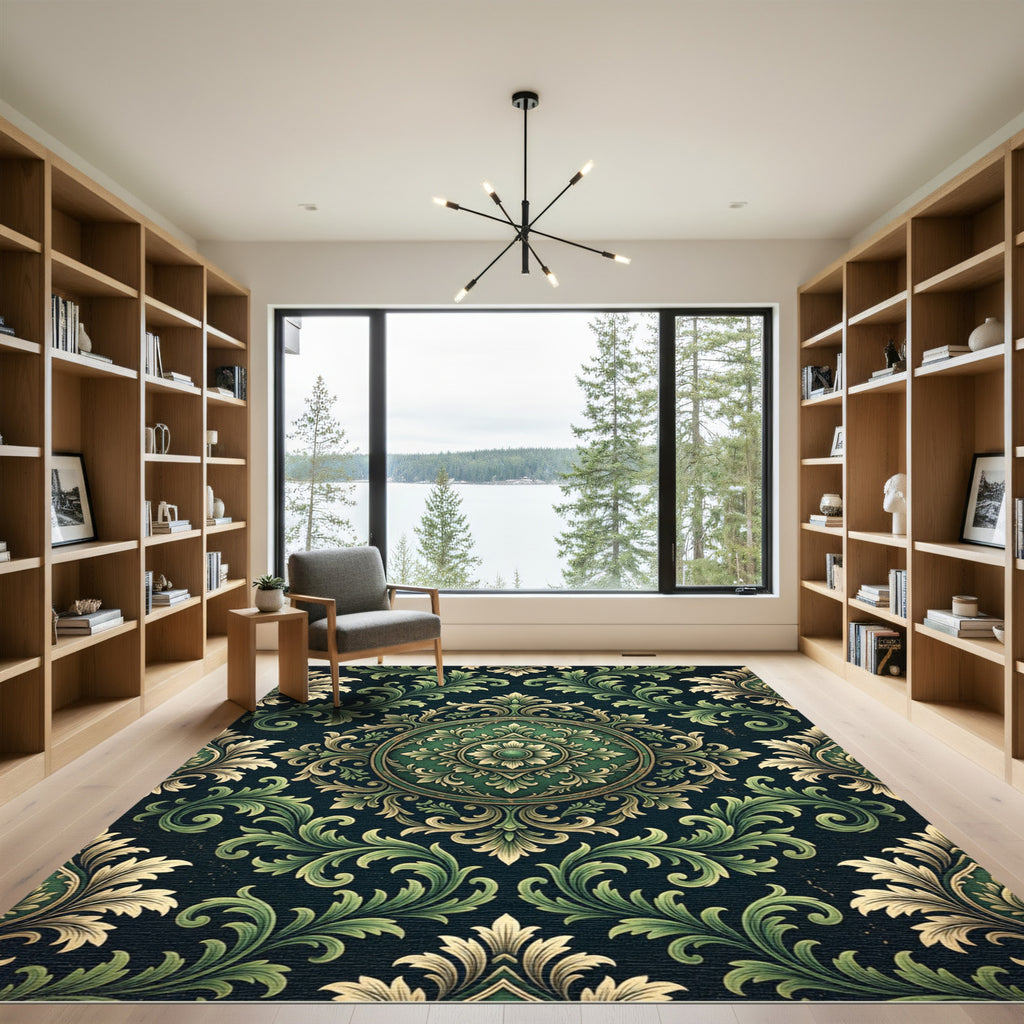 Elegant Emerald Green Baroque Medallion Scroll Rug