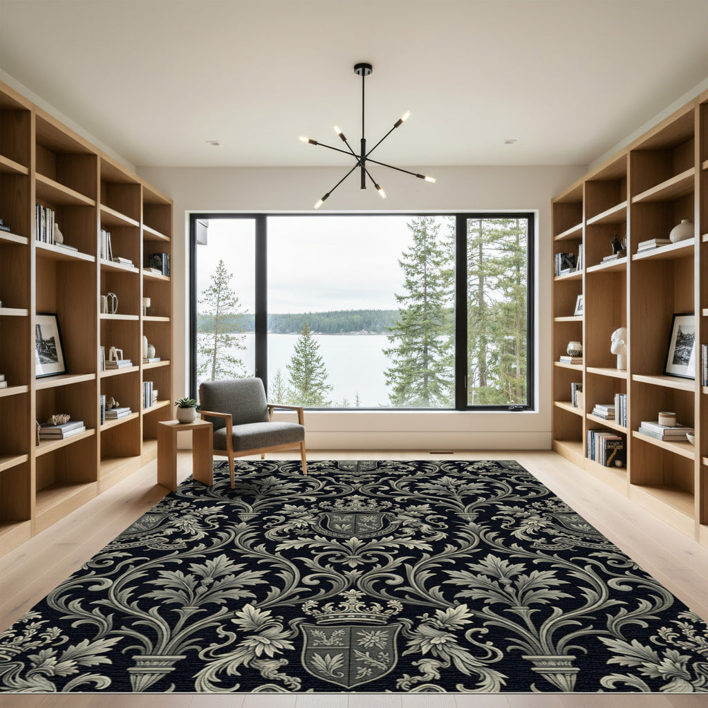 Classic Charcoal Crest Damask Scroll Rug