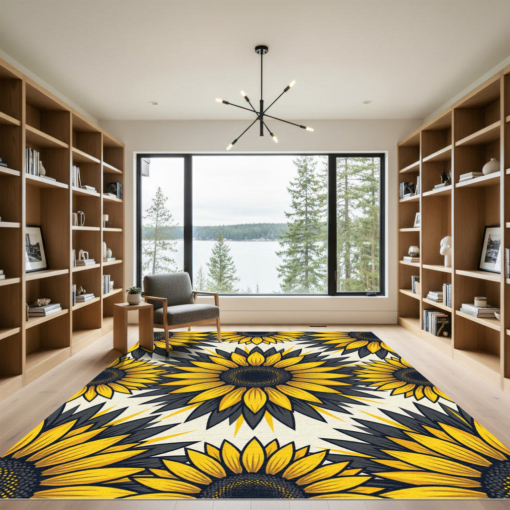 Vibrant Golden Sunflower Floral Medallion Rug
