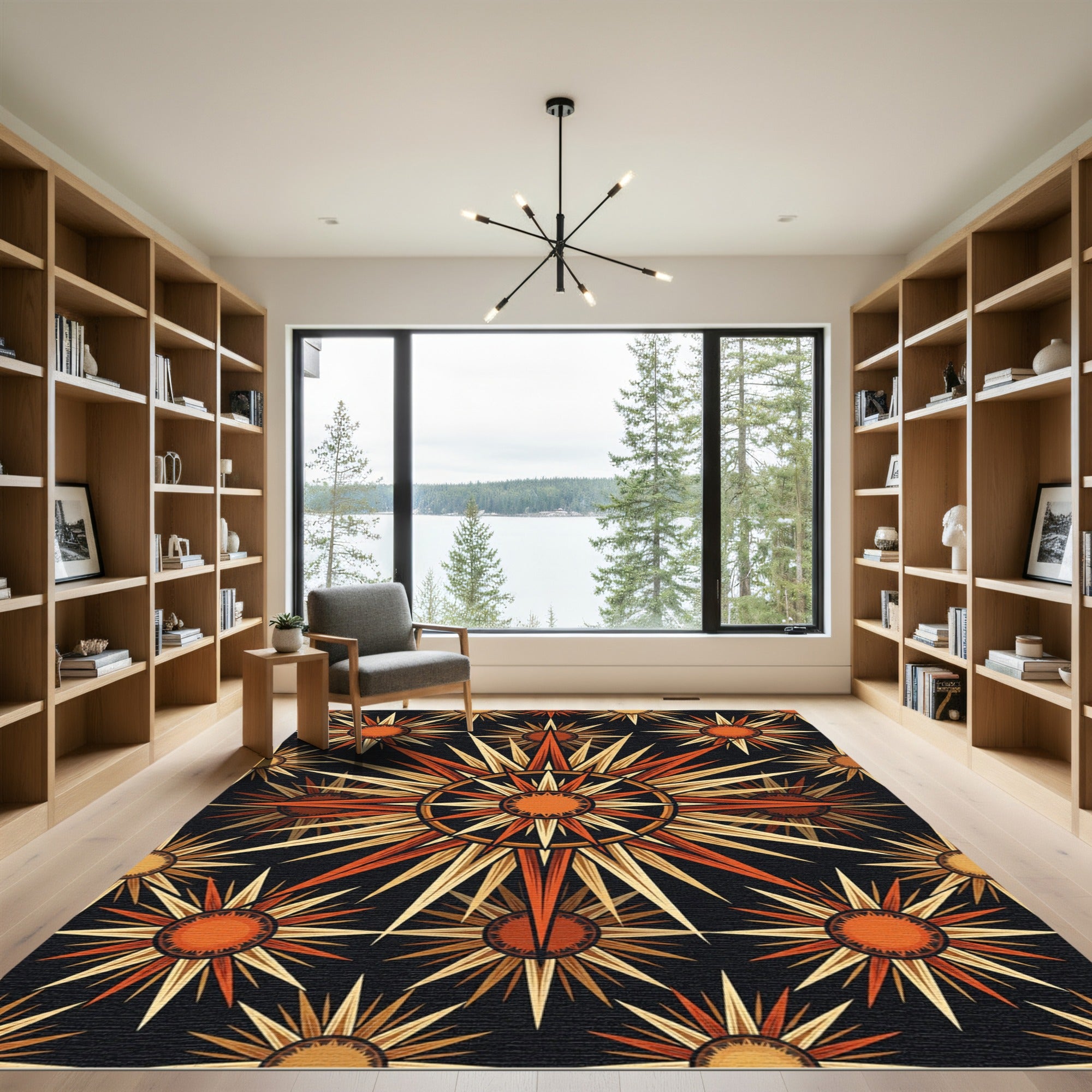 Celestial Radiant Sunburst Orange Black Rug