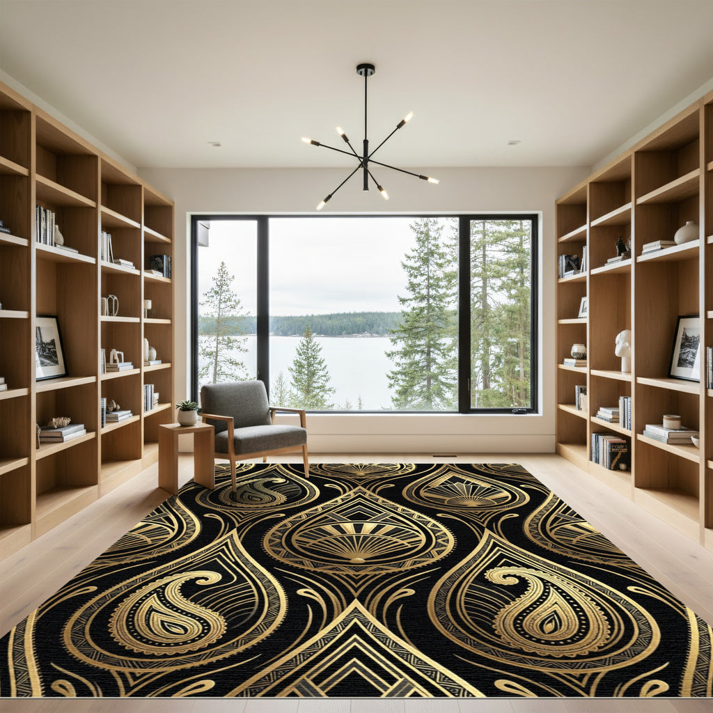 Art Deco Gold Black Paisley Fan Rug