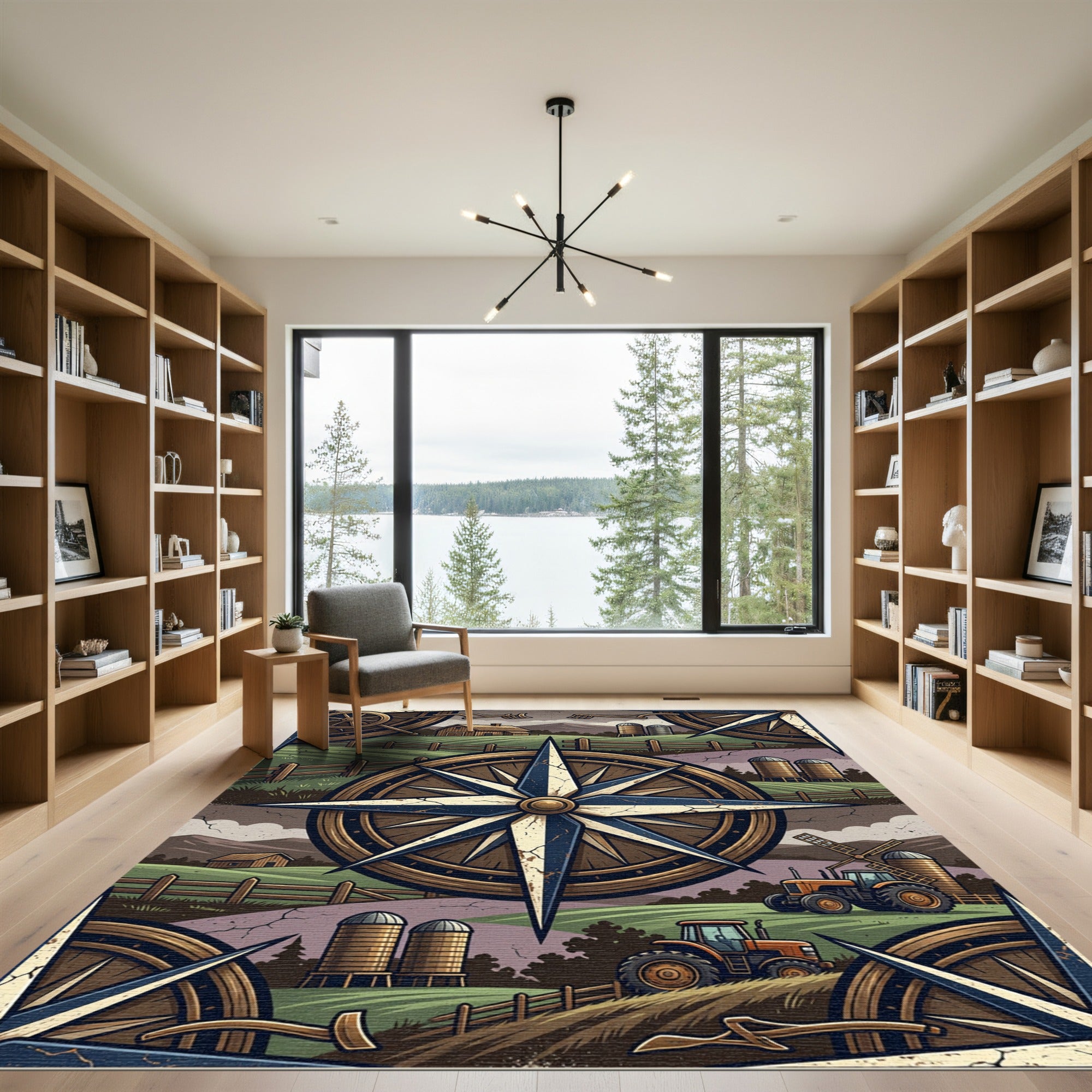 Rustic Farmhouse Compass Landscape Art Rug