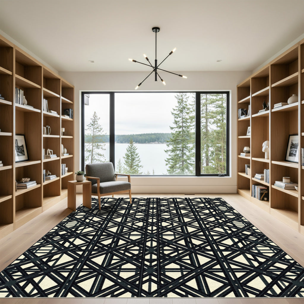 Monochromatic Black Geometric Art Deco Grid Rug