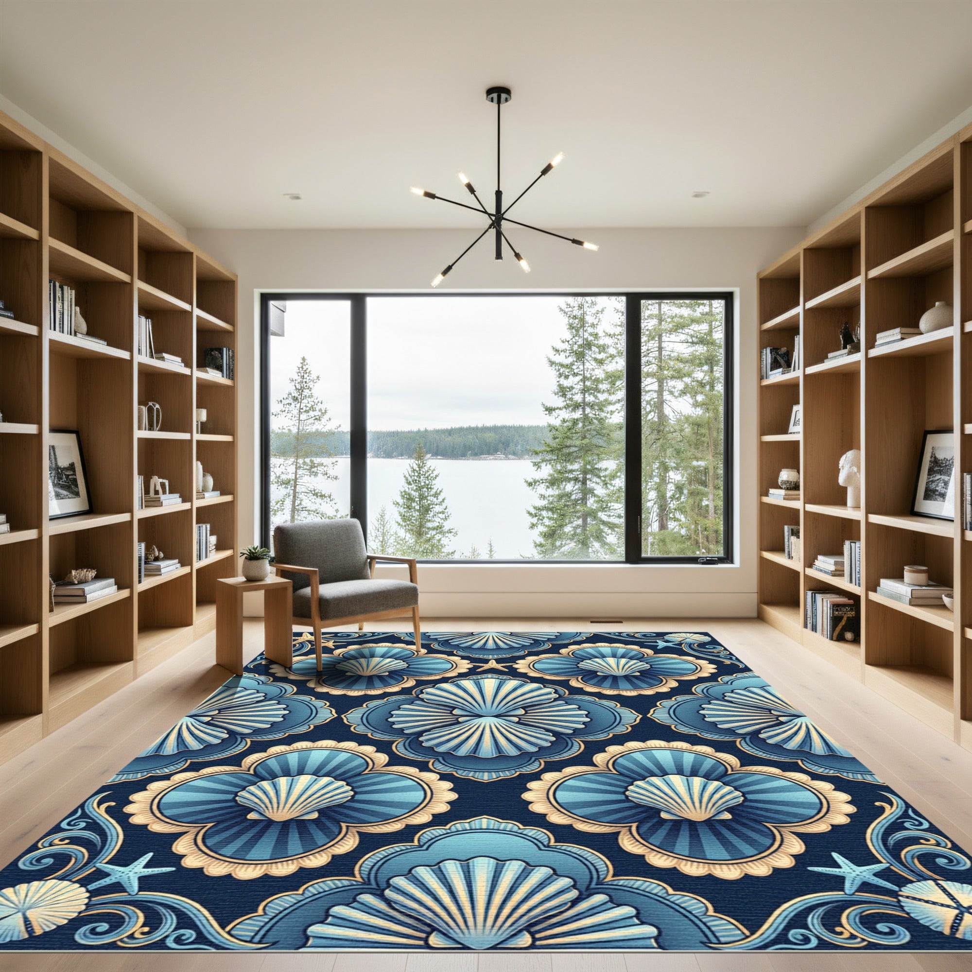 Elegant Navy Blue Shell Coastal Symmetry Rug