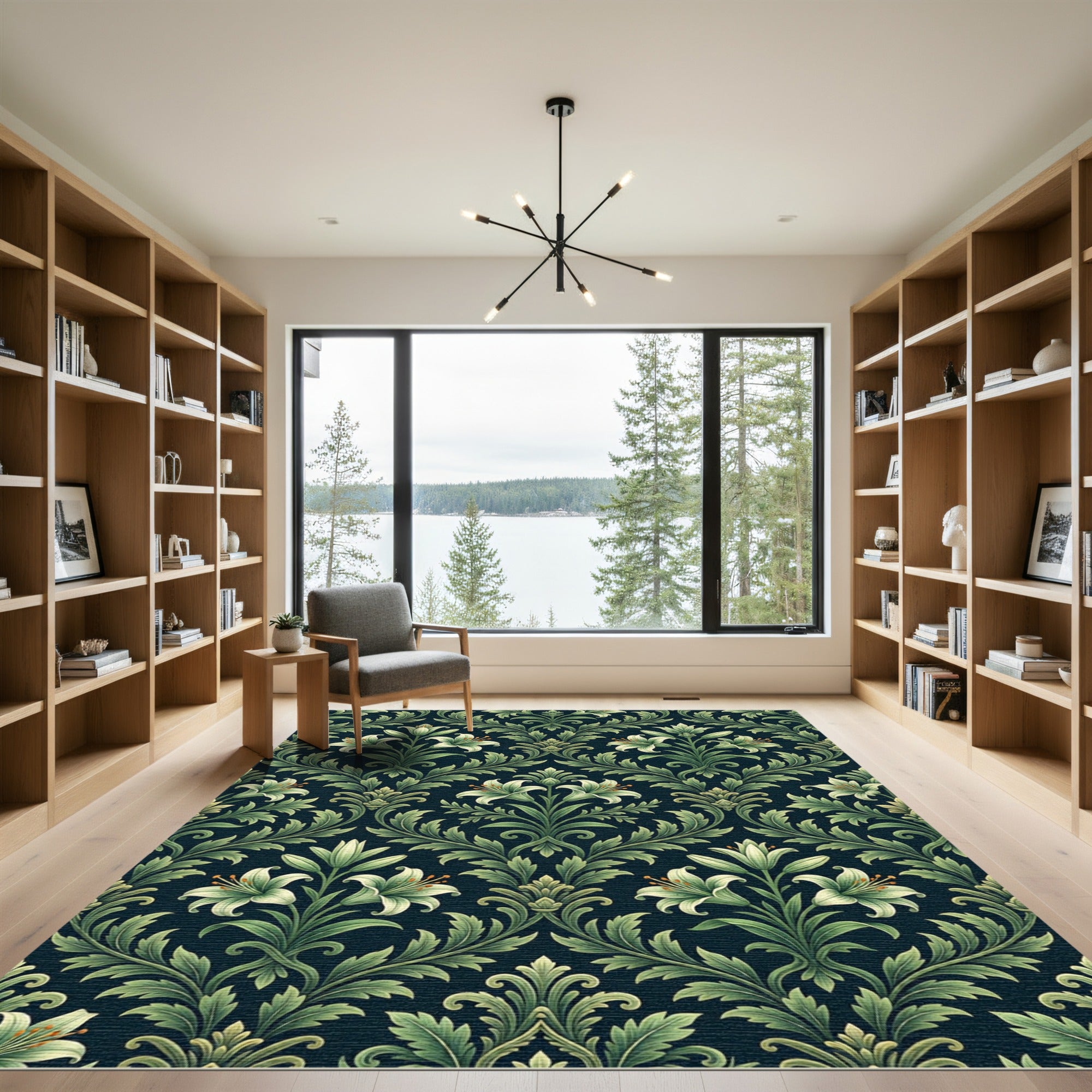 Vintage Green Lily Botanical Damask Rug