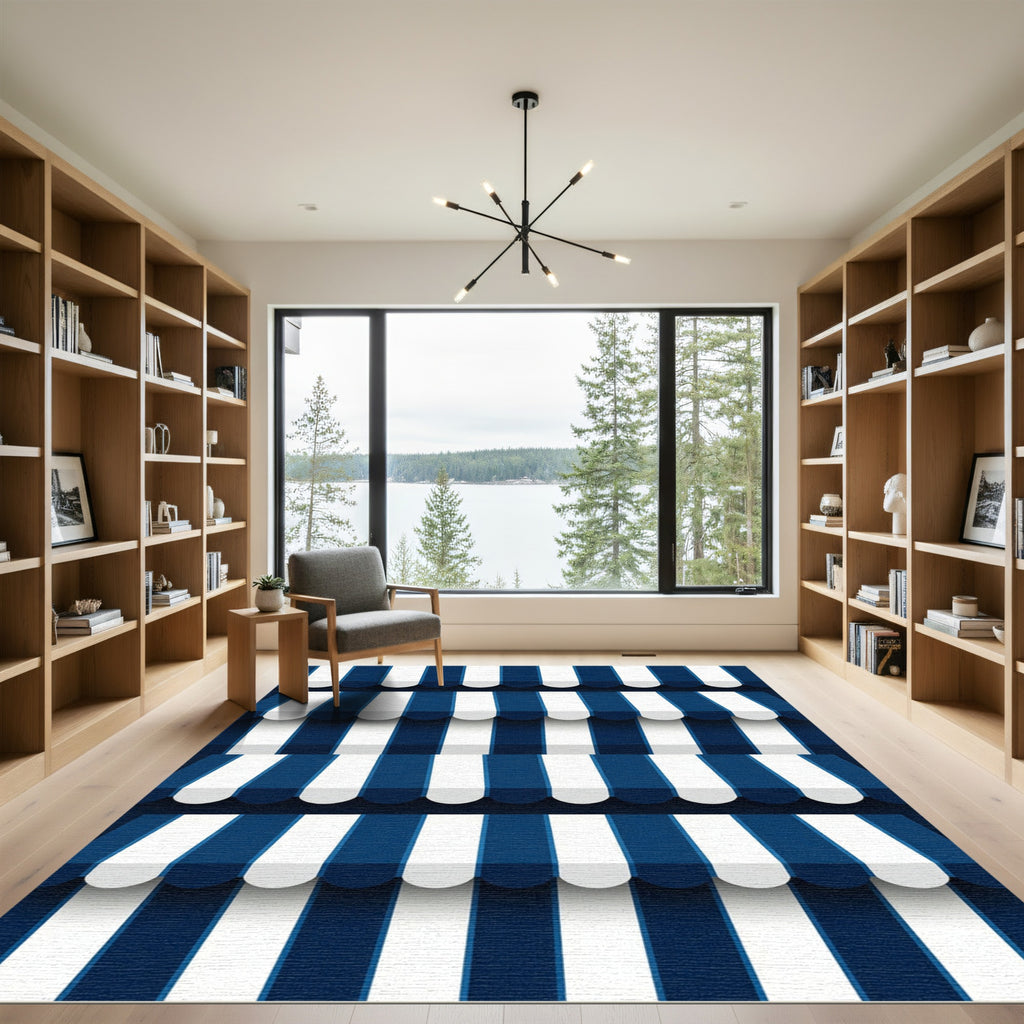 Navy Blue White Nautical Striped Awning Rug