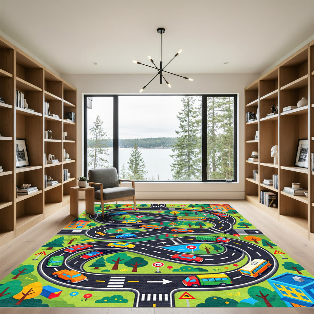 Playful Colorful Road Traffic City Map Rug