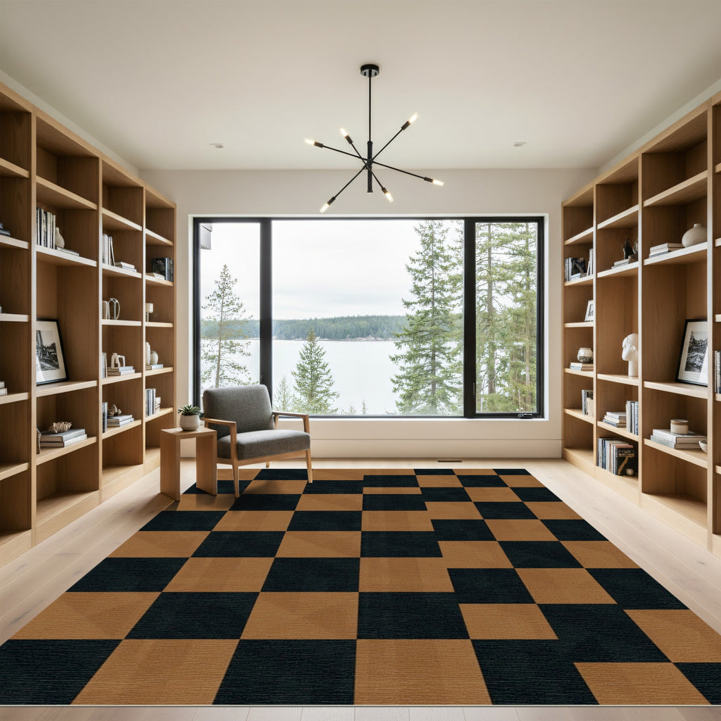 Modern Black and Tan Geometric Checkerboard Rug