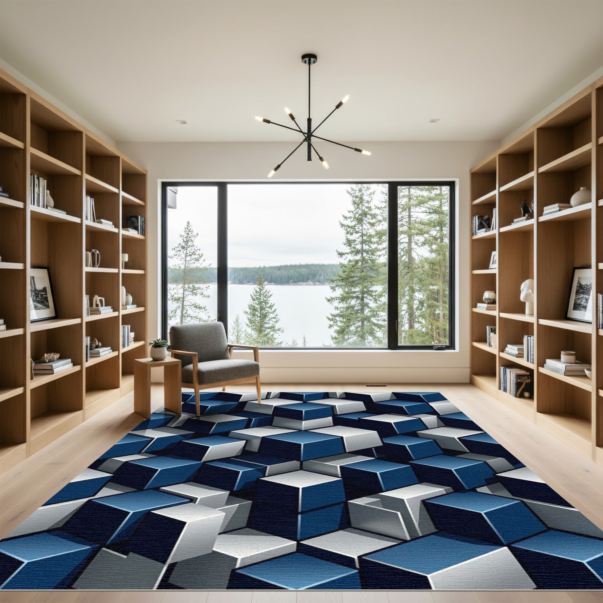 Geometric Blue and Silver Cube Grid Rug