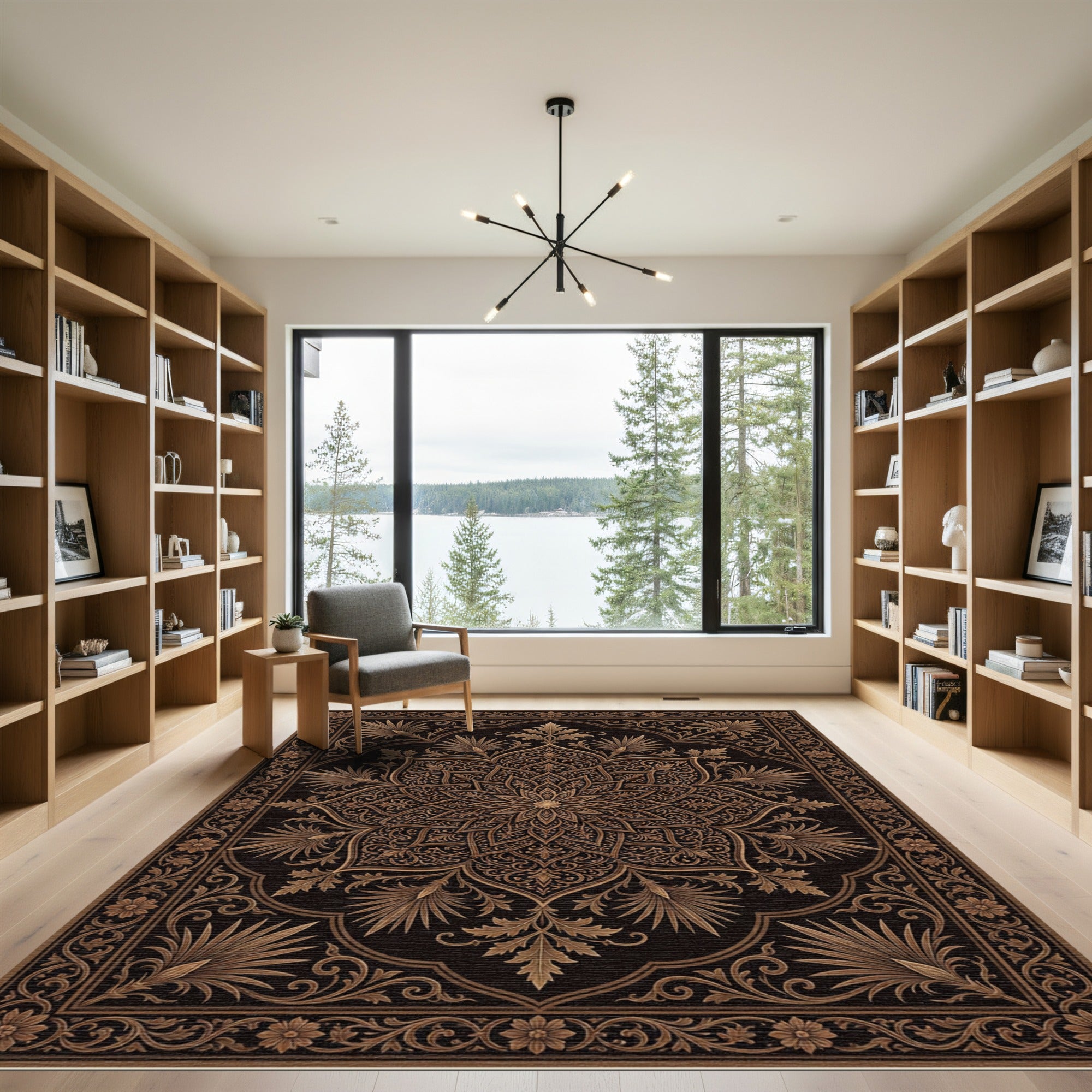 Elegant Bronze Floral Medallion Scroll Rug